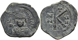 Maurice Tiberius Æ 20 Nummi. Nicomedia, dated RY 7 = AD 588/9. D N M[A]V[R] TI[ЬЄR], crowned and cuirassed bust facing, holding globus cruciger and sh...