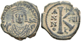 Maurice Tiberius Æ 20 Nummi. Nicomedia, dated RY 7 = AD 588/9. D N M[A]V[R] TI[ЬЄR], crowned and cuirassed bust facing, holding globus cruciger and sh...