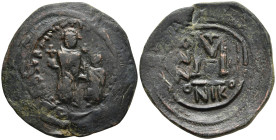 Heraclius, with Heraclius Constantine (610-641) AE Follis Nicomedia, 612-614. Heraclius and Heraclius Constantine standing facing, each holding globus...