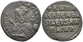 Romanus I. 931-944. Æ Follis. Constantinople mint. Half-length, crowned facing bust of Romanus I, holding transverse trefoil-tipped labarum sceptre an...