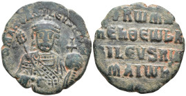 Romanus I. 931-944. Æ Follis. Constantinople mint. Half-length, crowned facing bust of Romanus I, holding transverse trefoil-tipped labarum sceptre an...