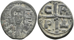 Romanus IV Diogenes. 1068-1071. Æ Follis. Constantinople mint. Facing bust of Christ Pantokrator; pelleted cross behind / Cross with central X and glo...