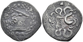 LYDIA. Tralleis. Cistophor (Circa 155-145 BC). Cista mystica with serpent left; all within ivy wreath. TPAΛ. Two serpents entwined around bow and bowc...