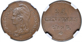 FRANCIA Prima repubblica (1792-1804) 25 Centimes An. 3 (1794-1795) - Gad. 341b CU RRRR In slab NGC n° 5883927-017.
MS 66