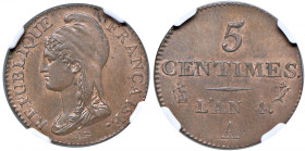 FRANCIA Prima repubblica (1792-1804) 5 Centimes l'an. 4 A - Gad. 124 CU In slab NCG n° 6639728-022.
MS 64 RB
