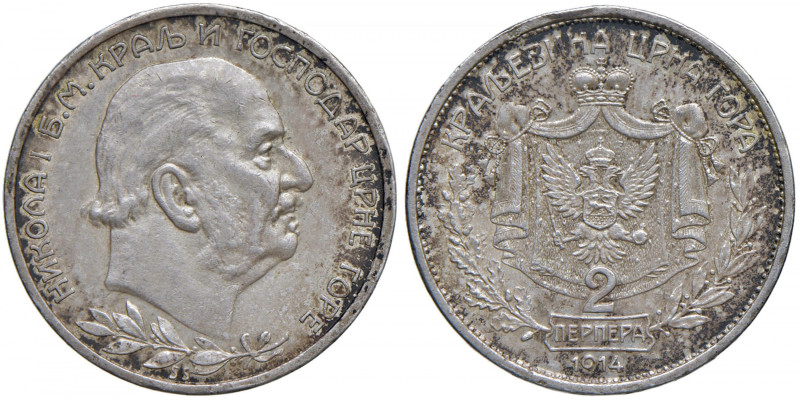 MONTENEGRO Nicola I (1910-1918) 2 Perpera 1914 - KM 20 AG (g 9,99) Colpetto al b...
