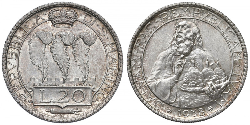 SAN MARINO Vecchia monetazione (1864-1938) 20 Lire 1938 - Gig. 8 AG (g 20,09) RR...