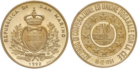 SAN MARINO Nuova monetazione (1972- ) 5 Scudi 1992 - Gig. 115 AU (g 16,96) In scatola originale.
PROOF