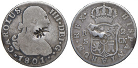 SPAGNA Carlo IV (1788-1808) 2 Reales 1801 CN con contromarca - KM 430.2 AG (g 5,57) 
MB