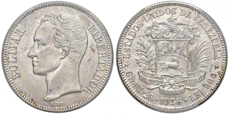 VENEZUELA Repubblica (1830- ) 5 Bolivares 1936 - KM 24.2 AG In slab PCGS n. 2944...