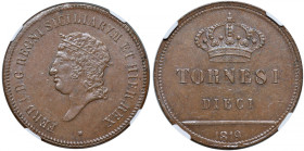 NAPOLI Ferdinando I (1816-1825) 10 Tornesi 1819 - Gig. 15 CU In slab NGC n° 5883928-033.
MS 65 BN