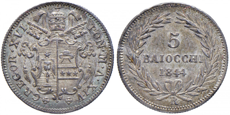 Gregorio XVI (1831-1846) 5 Baiocchi 1844 An. XIV - Munt. 15 g AG R Periziata da ...