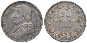 Pio IX (1846-1878) 20 Baiocchi 1860 An. XIV - Gig. 97 AG (g 5,73) 
qFDC