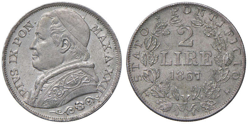 Pio IX (1846-1878) 2 Lire 1867 A. XXII - Nomisma 866 AG (g 10,00)
qFDC
