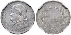 Pio IX (1846-1878) Lira 1869 An. XXIV - Gig. 303 AG RRR In slab NGC n° 6638567-013.
MS 63