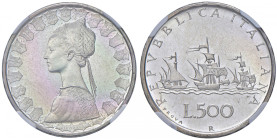 ITALIA Repubblica monetazione in lire (1946-2001) 500 Lire "Caravelle controvento" 1957 prova - Gig. P2 AG RRR In slab NGC n° 6635278-017. 
SP 64