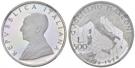 ITALIA Repubblica monetazione in lire (1946-2001) 500 Lire 1974 100° anniversario nascita Guglielmo Marconi prova - Gig. P4 AG R In slab NGC n° 663854...