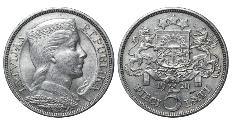 Latvia, Gustavs Zemgals (1927 - 1930). 5 Lati 1929, Silver, 25 gr, KM#9