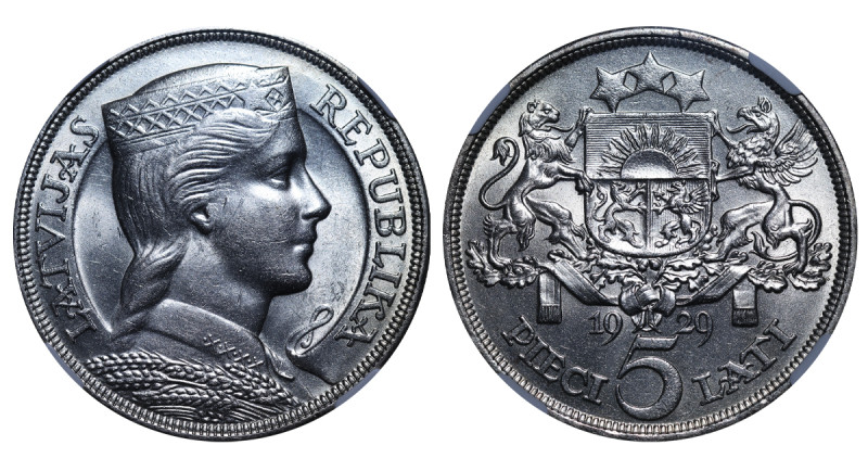Latvia, Gustavs Zemgals (1927 - 1930). 5 Lati 1929, Silver, 25 gr, KM#9, UNC Det...