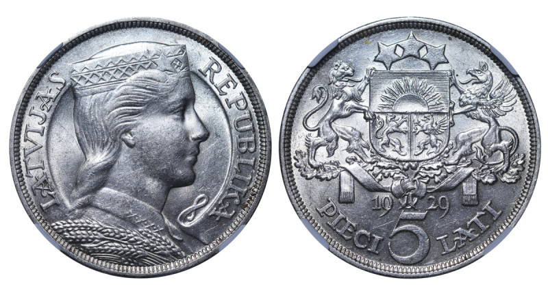 Latvia, 1st Republic, Gustavs Zemgals (1927 - 1930). 5 Lati 1929, Silver, 25 gr,...