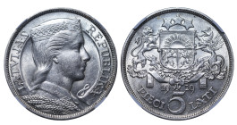 Latvia, 1st Republic, Gustavs Zemgals (1927 - 1930). 5 Lati 1929, Silver, 25 gr, KM#9, MS 61, 6637728-001
