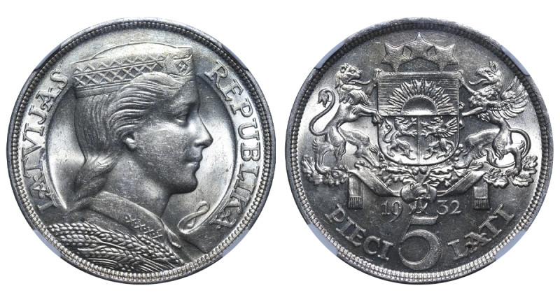 Latvia, 1st Republic, Margers Skujenieks (1931 - 1933). 5 Lati 1932, Silver, 25 ...
