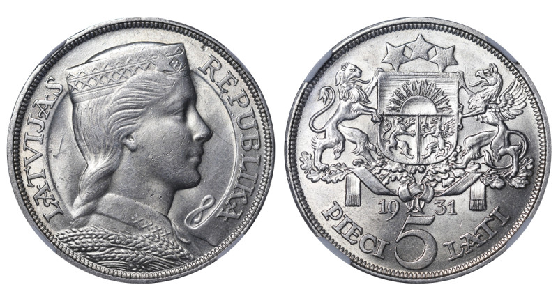 Latvia, 1st Republic, Margers Skujenieks (1931 - 1933). 5 Lati 1931, Silver, 25 ...