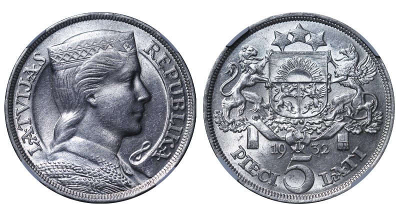 Latvia, 1st Republic, Margers Skujenieks (1931 - 1933). 5 Lati 1932, Silver, 25 ...