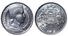 Latvia, 1st Republic, Margers Skujenieks (1931 - 1933). 5 Lati 1932, Silver, 25 gr, KM#9, MS 61, 6637730-011
