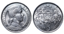 Latvia, 1st Republic, Margers Skujenieks (1931 - 1933). 5 Lati 1932, Silver, 25 gr, KM#9, MS 61, 6637730-014