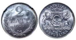 Latvia, 1st Republic, Janis Chakste (1922 - 1927). 2 Lati 1926, Silver, 10 gr, KM#8, MS 64, 6637730-003