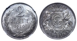 Latvia, 1st Republic, Janis Chakste (1922 - 1927). 2 Lati 1926, Silver, 10 gr, KM#8, MS 63, 6637730-008