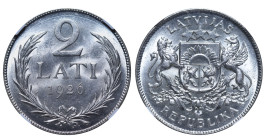 Latvia, 1st Republic, Janis Chakste (1922 - 1927). 2 Lati 1926, Silver, 10 gr, KM#8, MS 63, 6637730-002