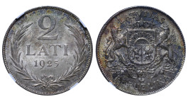 Latvia, 1st Republic, Janis Chakste (1922 - 1927). 2 Lati 1925, Silver, 10 gr, KM#8, MS 62, 6637730-004
