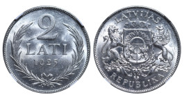 Latvia, 1st Republic, Janis Chakste (1922 - 1927). 2 Lati 1925, Silver, 10 gr, KM#8, MS 63, 6637730-001