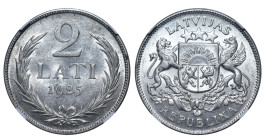 Latvia, 1st Republic, Janis Chakste (1922 - 1927). 2 Lati 1925, Silver, 10 gr, KM#8, MS 62, 6637059-015