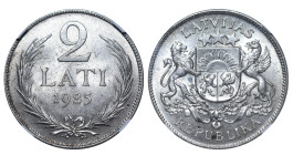 Latvia, 1st Republic, Janis Chakste (1922 - 1927). 2 Lati 1925, Silver, 10 gr, KM#8, MS 63, 6637059-014
