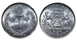 Latvia, 1st Republic, Janis Chakste (1922 - 1927). 2 Lati 1926, Silver, 10 gr, KM#8, MS 64+, 6637729-011