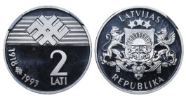 Latvia, 2nd Republic, Guntis Ulmanis (1993 - 1999). 2 Lati 1993, Copper-Nickel, 6 gr, KM#18, PG 69 Ultra Cameo, 75th Anniversary of the state of Latvi...