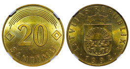 Latvia, 2nd Republic, Anatolijs Gorbunovs (1991 - 1993). 20 Santimi 1992, Nickel-Brass, 4 gr,KM#22.1, MS 64, 6638502-002