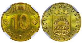 Latvia, 2nd Republic, Anatolijs Gorbunovs (1991 - 1993). 10 Santimi 1992, Nickel-Brass, 3,25 gr,KM#17, MS 64, 6638502-003