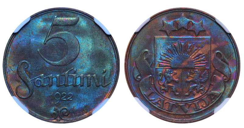 Latvia, 1st Republic, Janis Chakste (1922 - 1927). 5 Santimi 1922, Brone, 3 gr, ...
