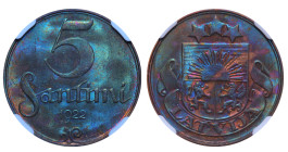 Latvia, 1st Republic, Janis Chakste (1922 - 1927). 5 Santimi 1922, Brone, 3 gr, KM#3, MS 64 BN, 6637401-013