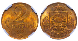 Latvia, 1st Republic, Janis Chakste (1922 - 1927). 2 Santimi 1926, Bronze, 2 gr, KM#2, MS 64 RB, 6637401-009