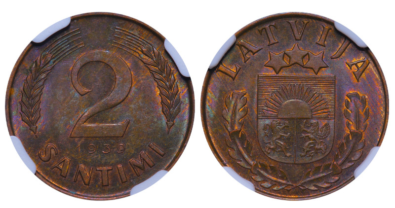 Latvia, 1st Republic, Karlis Ulmanis (1936 - 1940). 2 Santimi 1939, Bronze, 2 gr...