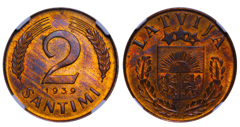 Latvia, Latvia, 1st Republic, Karlis Ulmanis (1936 - 1940). 2 Santimi 1939, Bron...