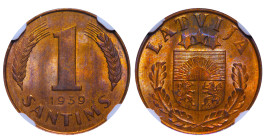 Latvia, Latvia, 1st Republic, Karlis Ulmanis (1936 - 1940). 1 Santimi 1939, Bronze, 1.8 gr, KM#10, MS 64 RB, 6637395-005
