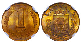 Latvia, Latvia, 1st Republic, Karlis Ulmanis (1936 - 1940). 1 Santimi 1939, Bronze, 1.8 gr, KM#10, MS 65 RB, 6637395-008