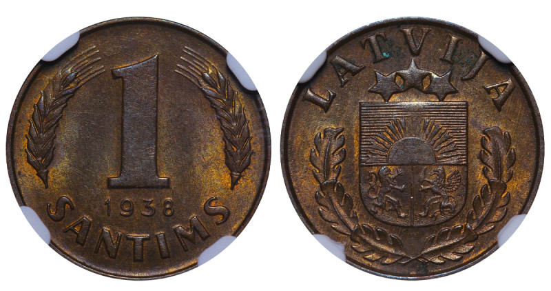 Latvia, 1st Republic, Karlis Ulmanis (1936 - 1940). 1 Santims 1938, Bronze, 1,8 ...