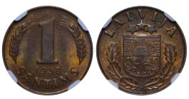 Latvia, 1st Republic, Karlis Ulmanis (1936 - 1940). 1 Santims 1938, Bronze, 1,8 gr, KM#10, UNC Details, Environmental Damage, 6637065-019